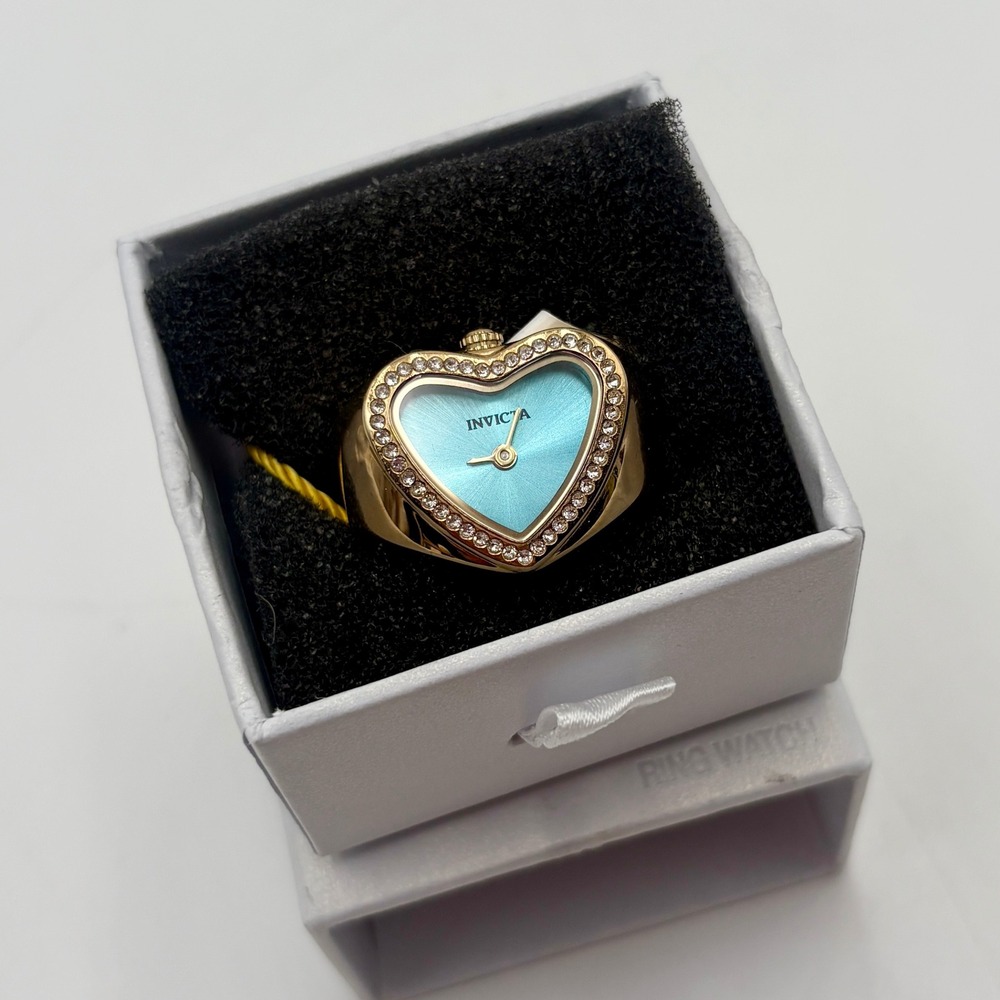 Invicta Angel Heart Shape Ring Watch Blue Dial Gold‎ Tone Crystal Accents